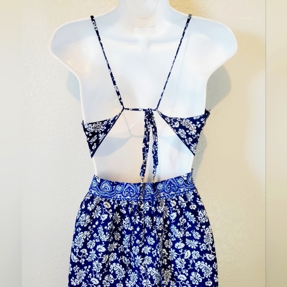 ZARA Boho Maxi Slip Dress Open Tie Back Blue & White Paisley Print Triangle - Picture 5 of 8